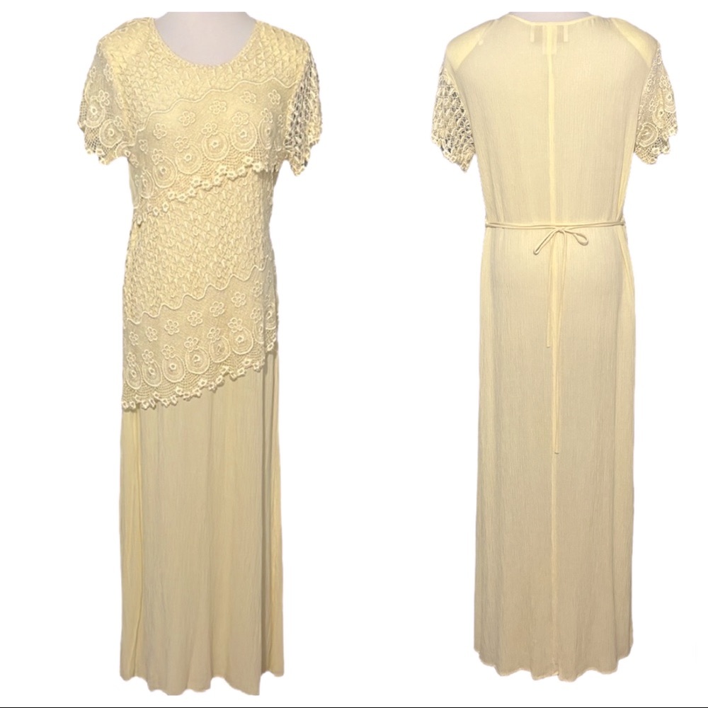 Vintage Magnet Art by Lynn Yang Yellow Embroidered Lace Maxi Dress Size Small